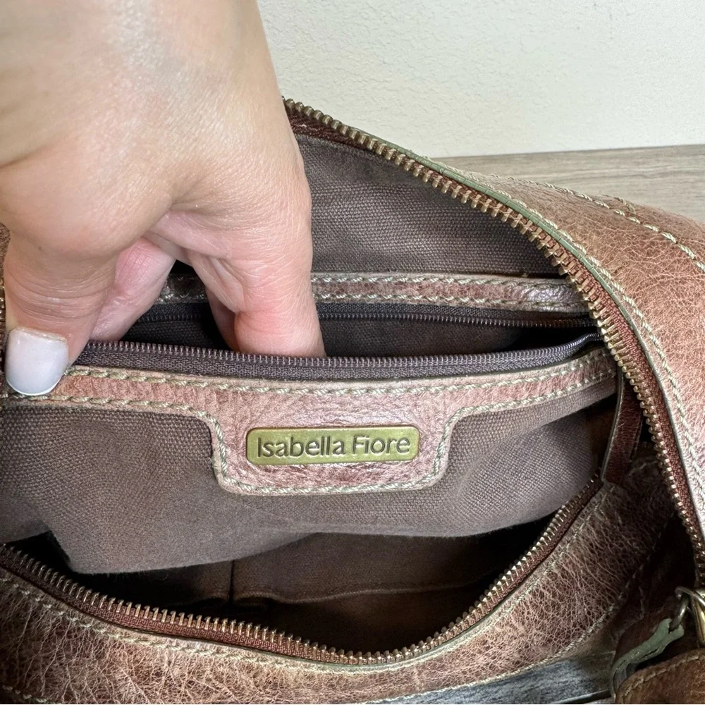 Isabella Fiore Oasis Hobo Brown Distressed Leather Brass Studded Shoulder Bag - Picture 7 of 16